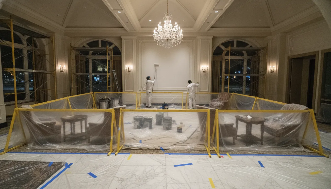 Commercial painters working in a protected hotel lobby after hours