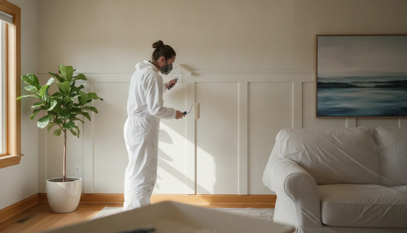 Same-color painted wainscoting with subtle sheen contrast in a bright Boise dining room