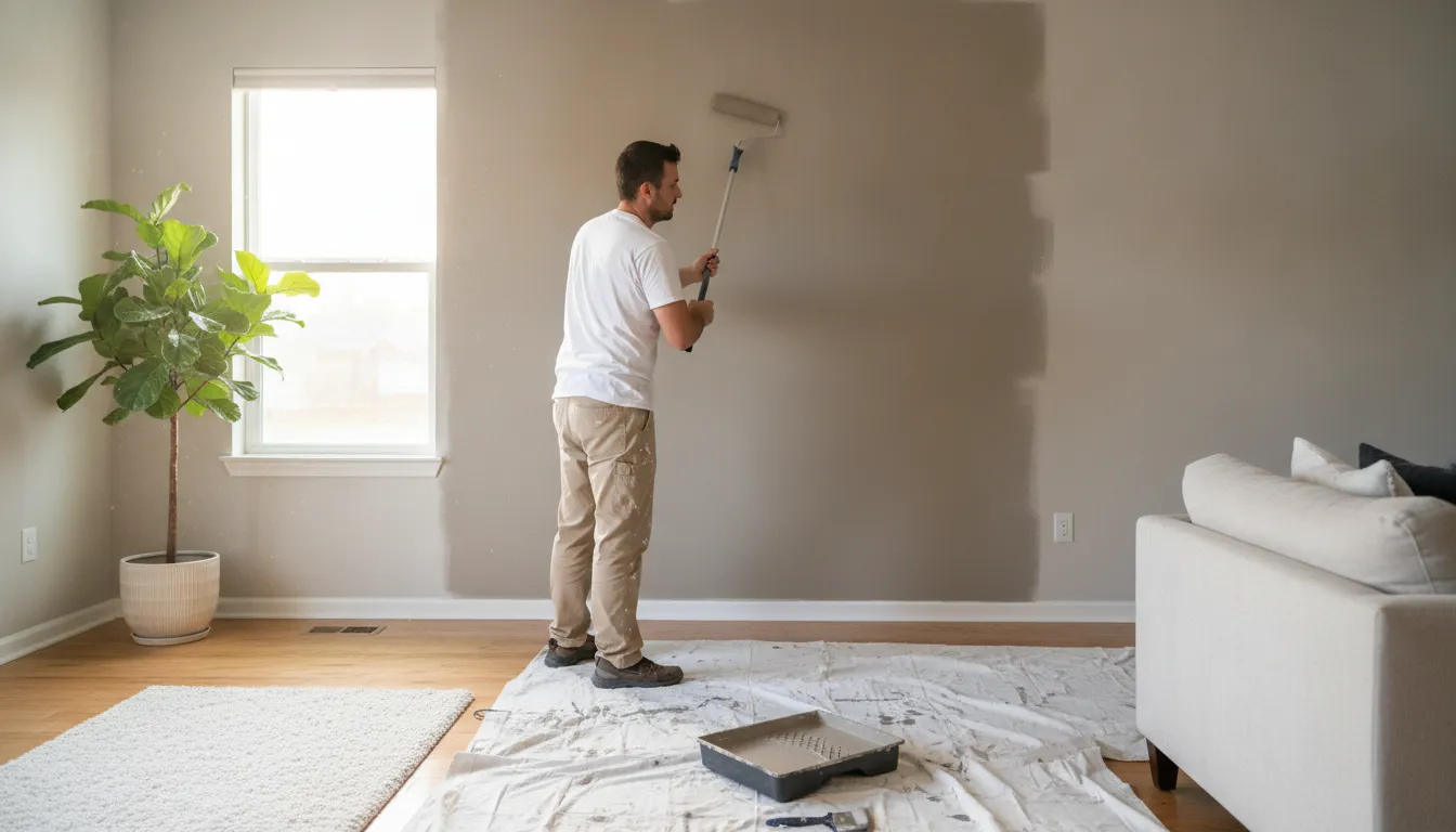 Professional painter applying fresh paint to a living room wall in a Boise rental property