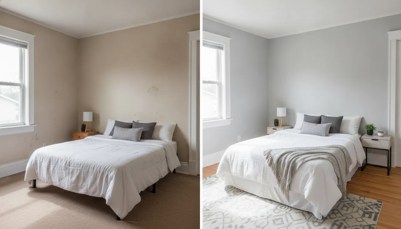 Freshly painted rental bedroom in Boise with neutral gray walls and white trim