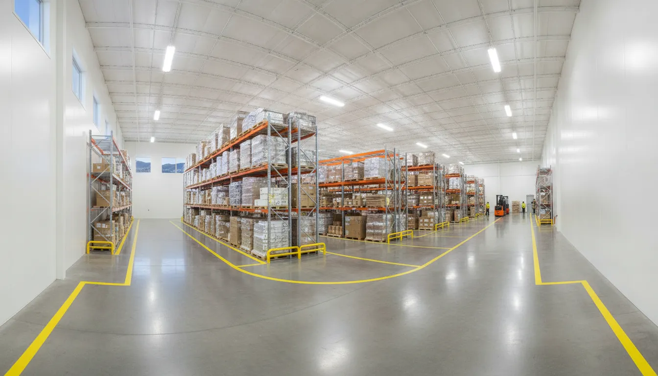 Bright high-reflectance walls and yellow safety floor lines in a Boise warehouse