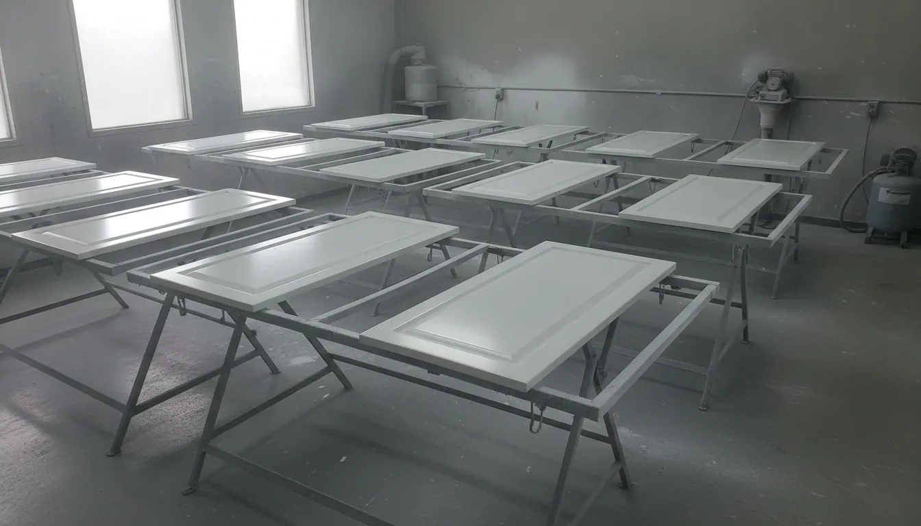 Freshly painted cabinet doors curing on drying racks