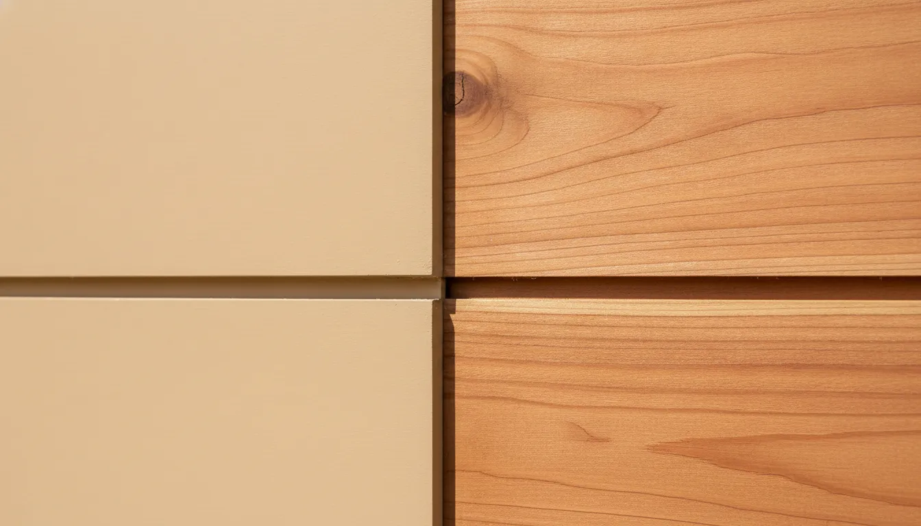 Side-by-side comparison of painted and stained cedar siding showing the visual difference between opaque paint finish and natural wood grain stain