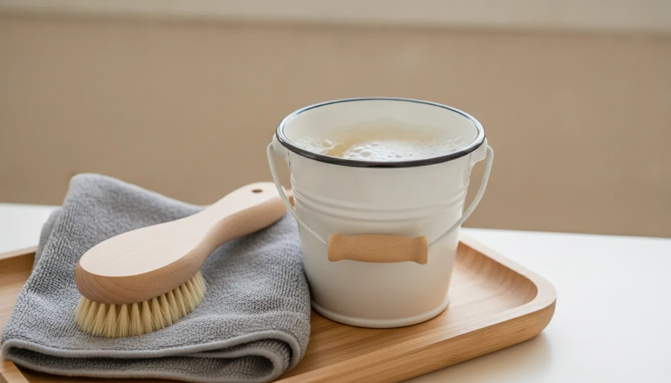 Soft cloth and sponge with a small bucket of diluted soapy water for cleaning painted walls