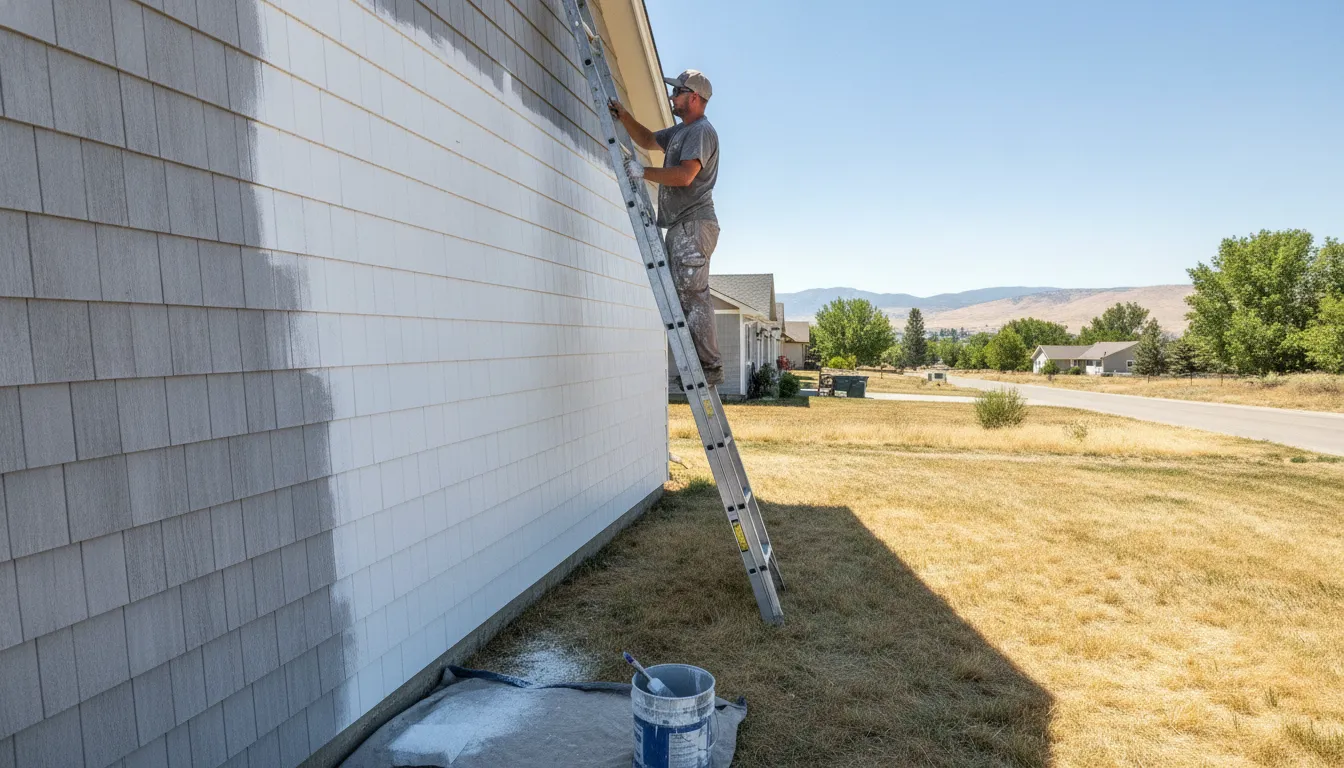 Painter applying exterior primer to wood siding on a sunny dry Boise day