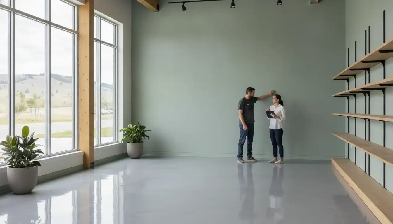 Commercial facility manager and coating contractor reviewing a finished commercial interior