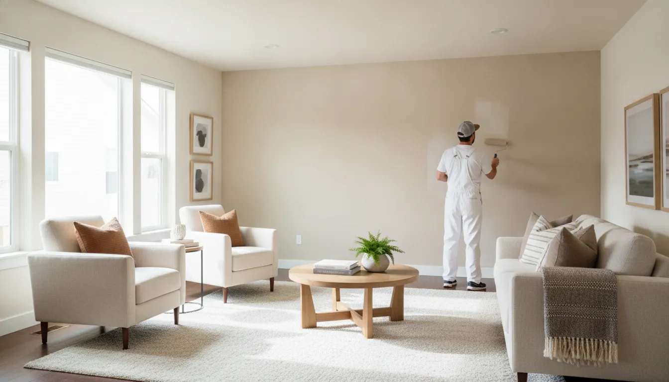Professional painter applying neutral interior paint before a Boise home sale