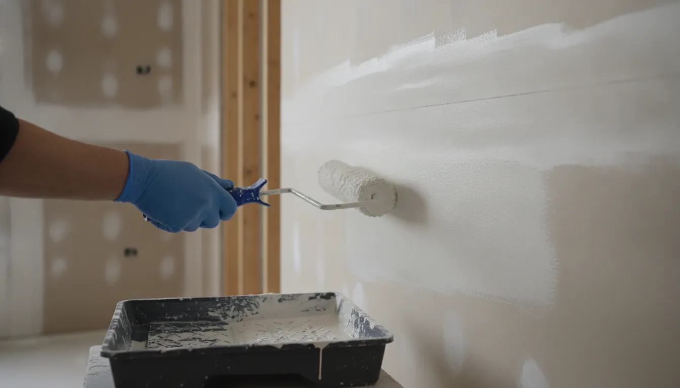 Professional painter rolling white primer onto bare drywall during a home painting project