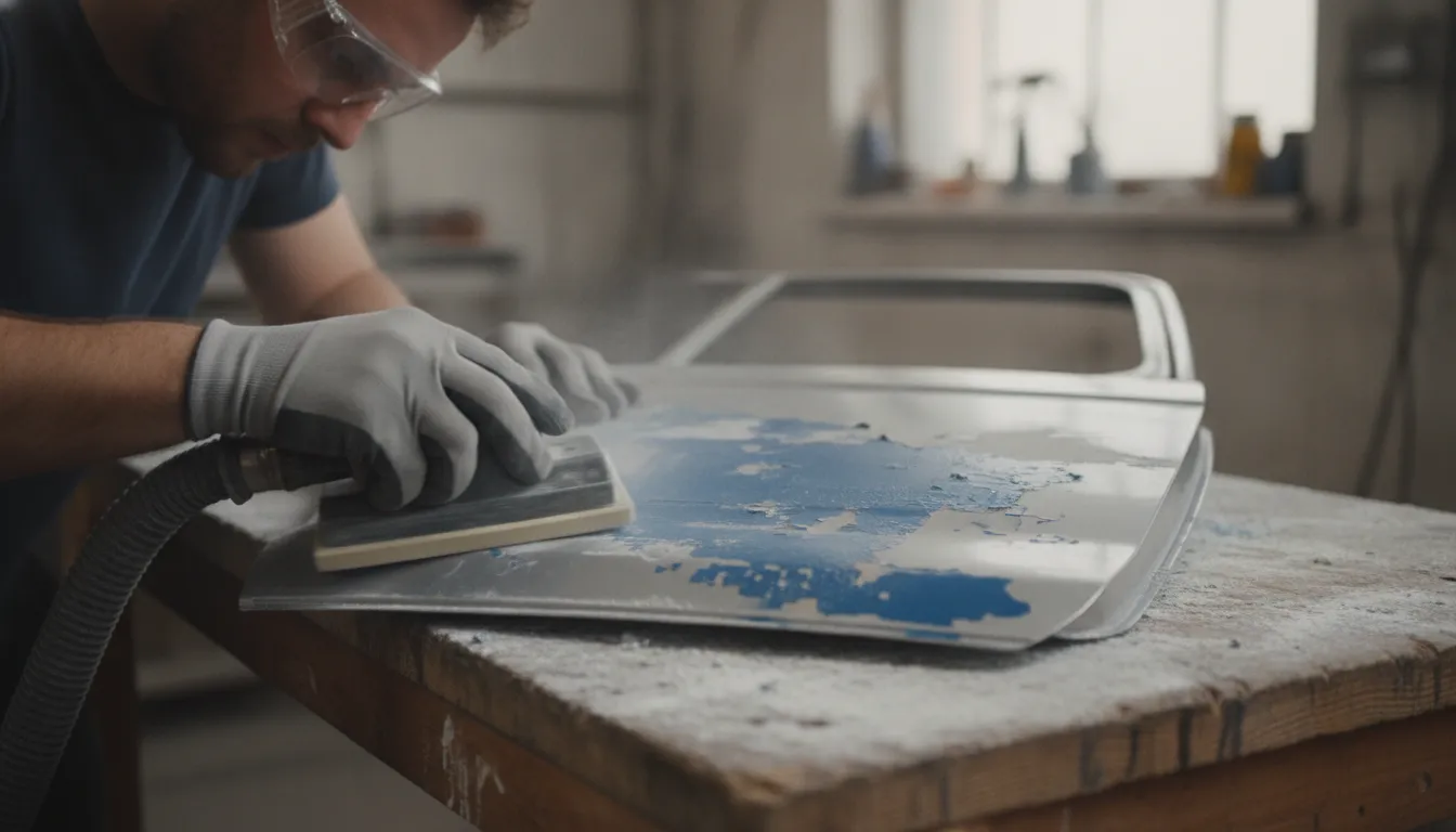 Carefully scraping loose paint from a metal surface by hand