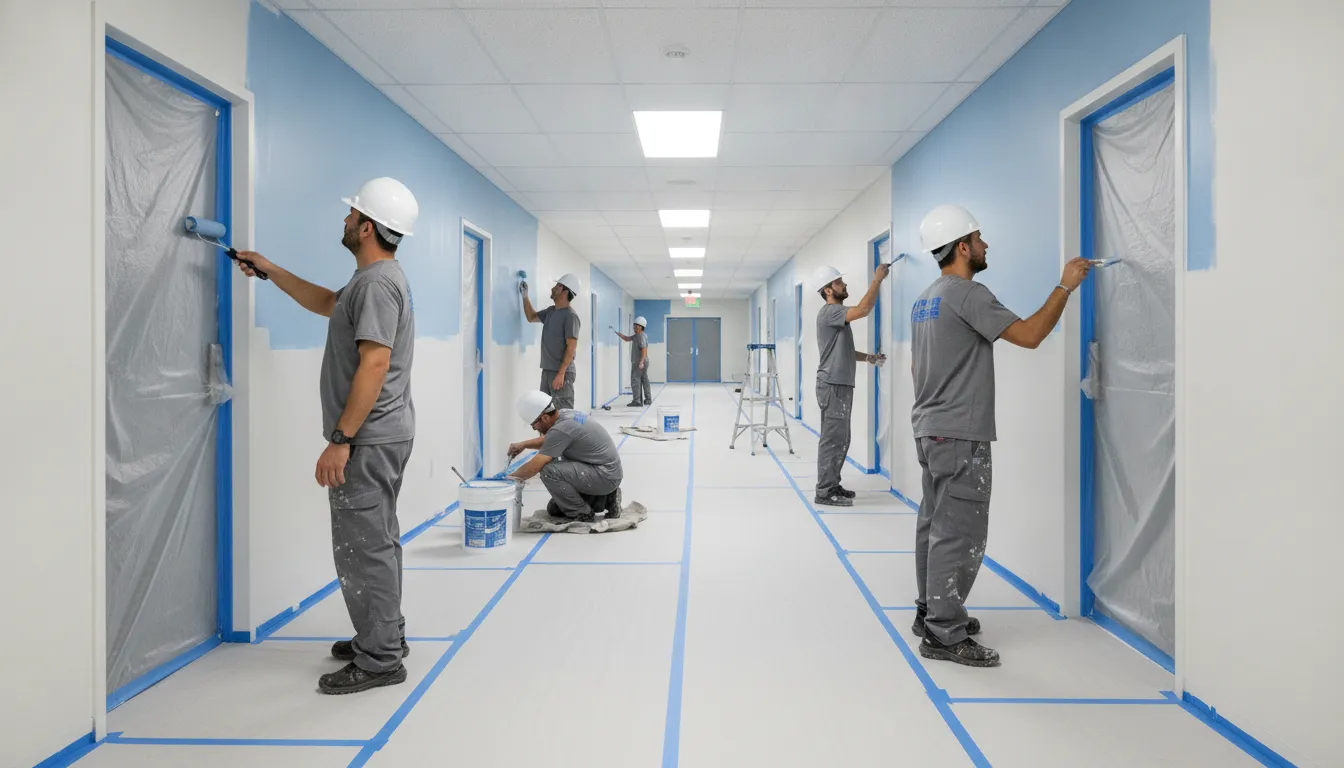 Commercial painting crew refreshing a multifamily property corridor