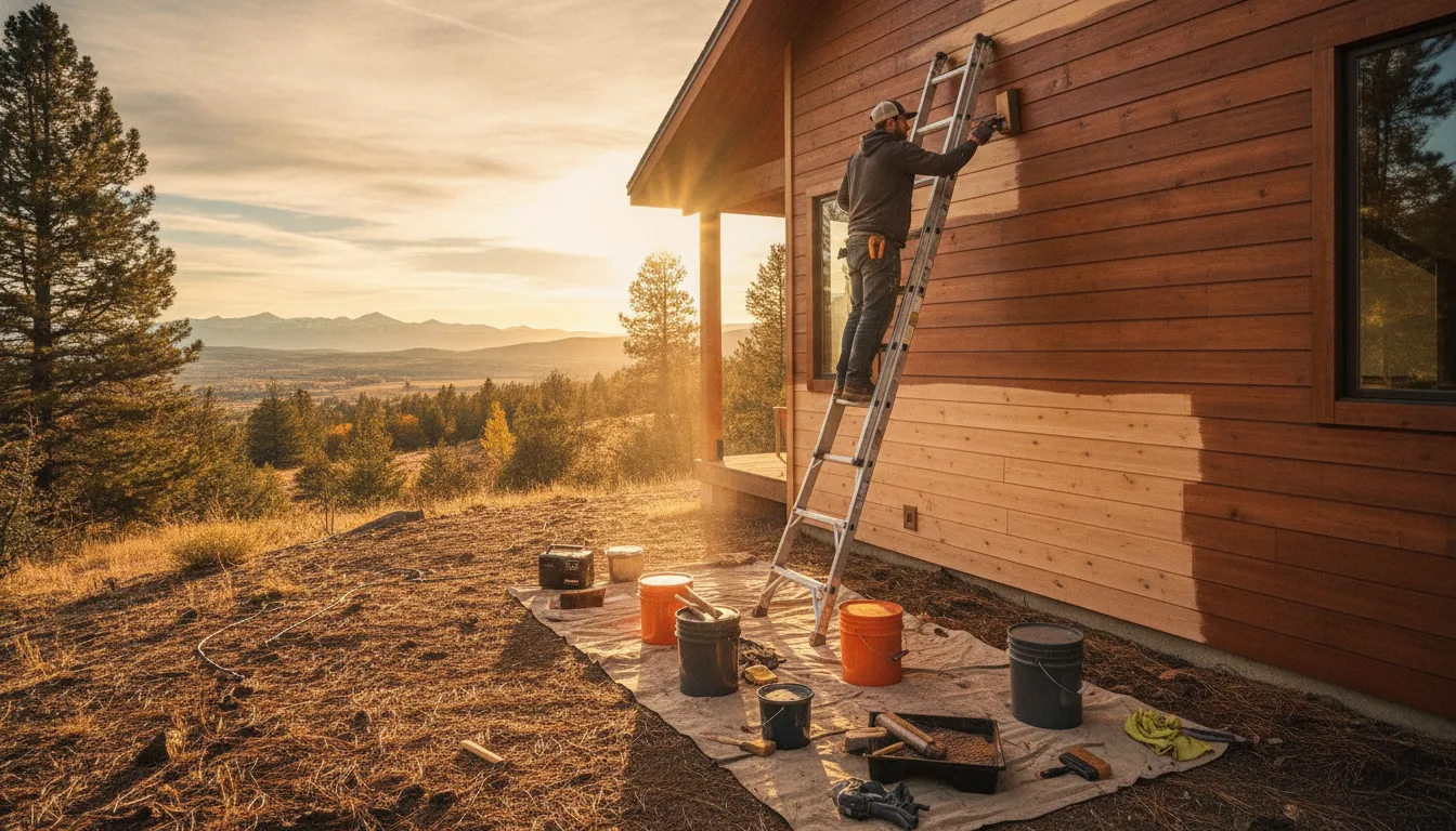 Professional painter applying stain finish to cedar siding on a Treasure Valley home exterior with proper equipment and technique