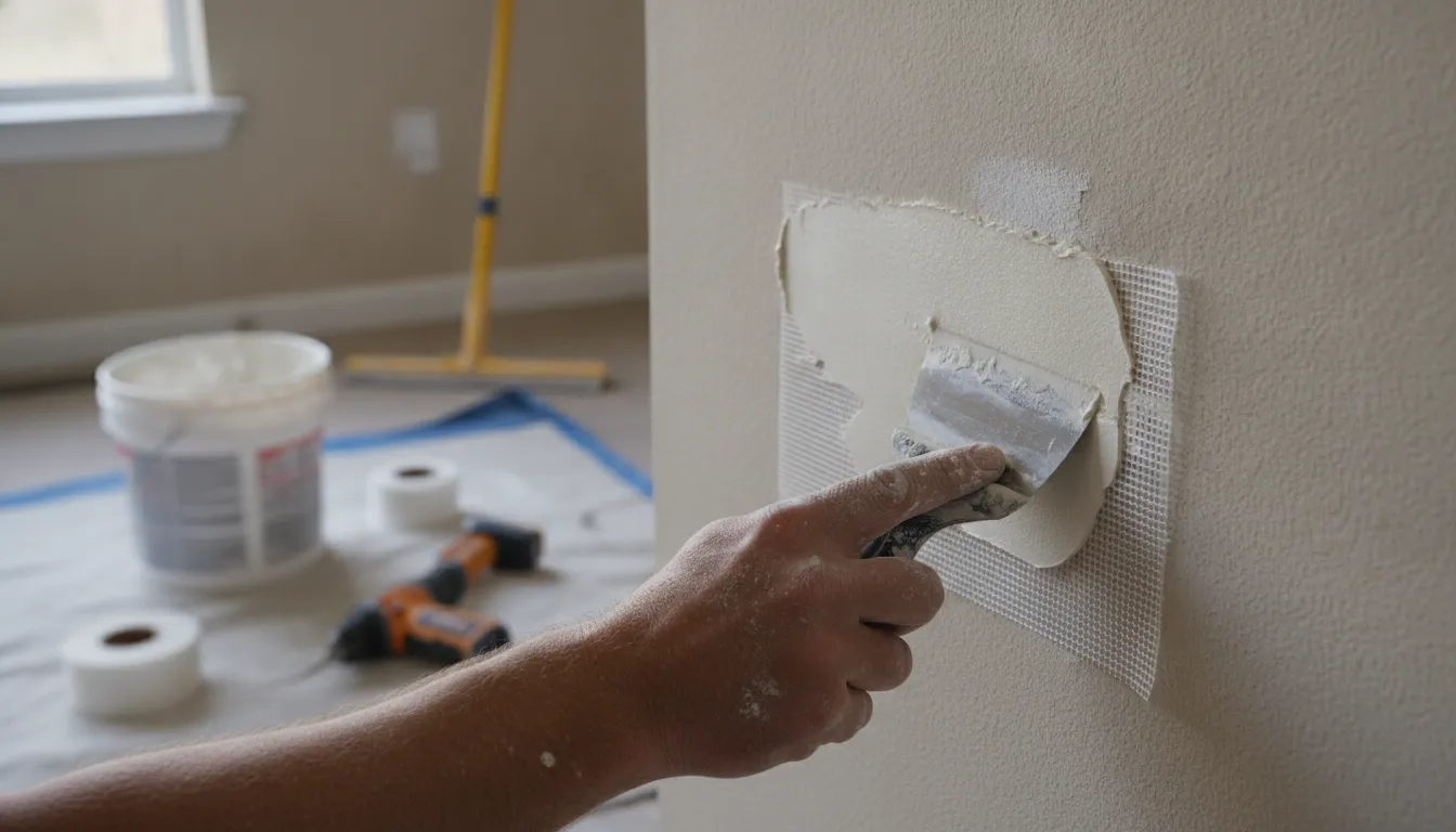 Applying joint compound over a mesh patch on interior drywall with a putty knife