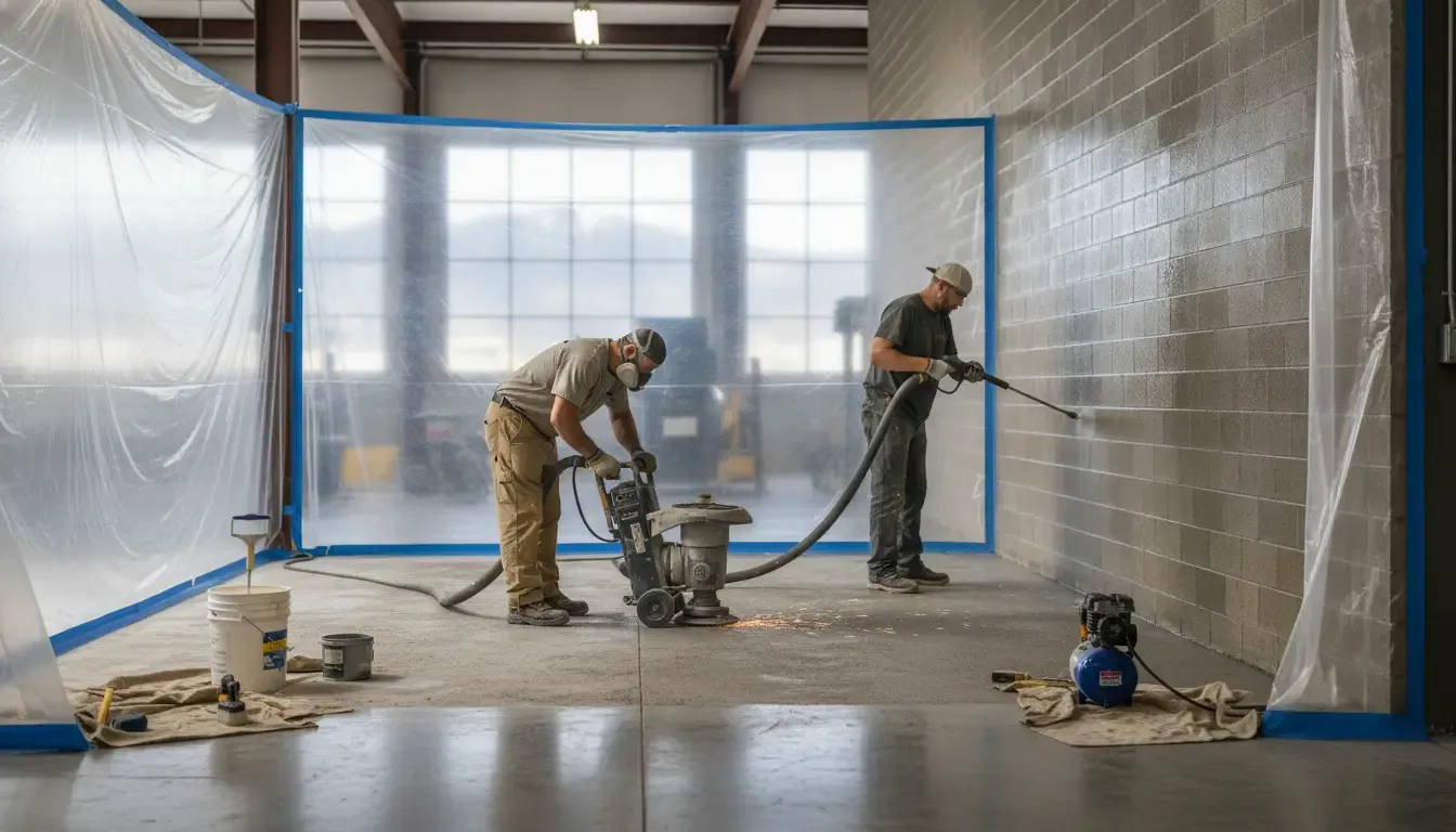 Commercial coating crew preparing a protected masonry work area in a Boise facility