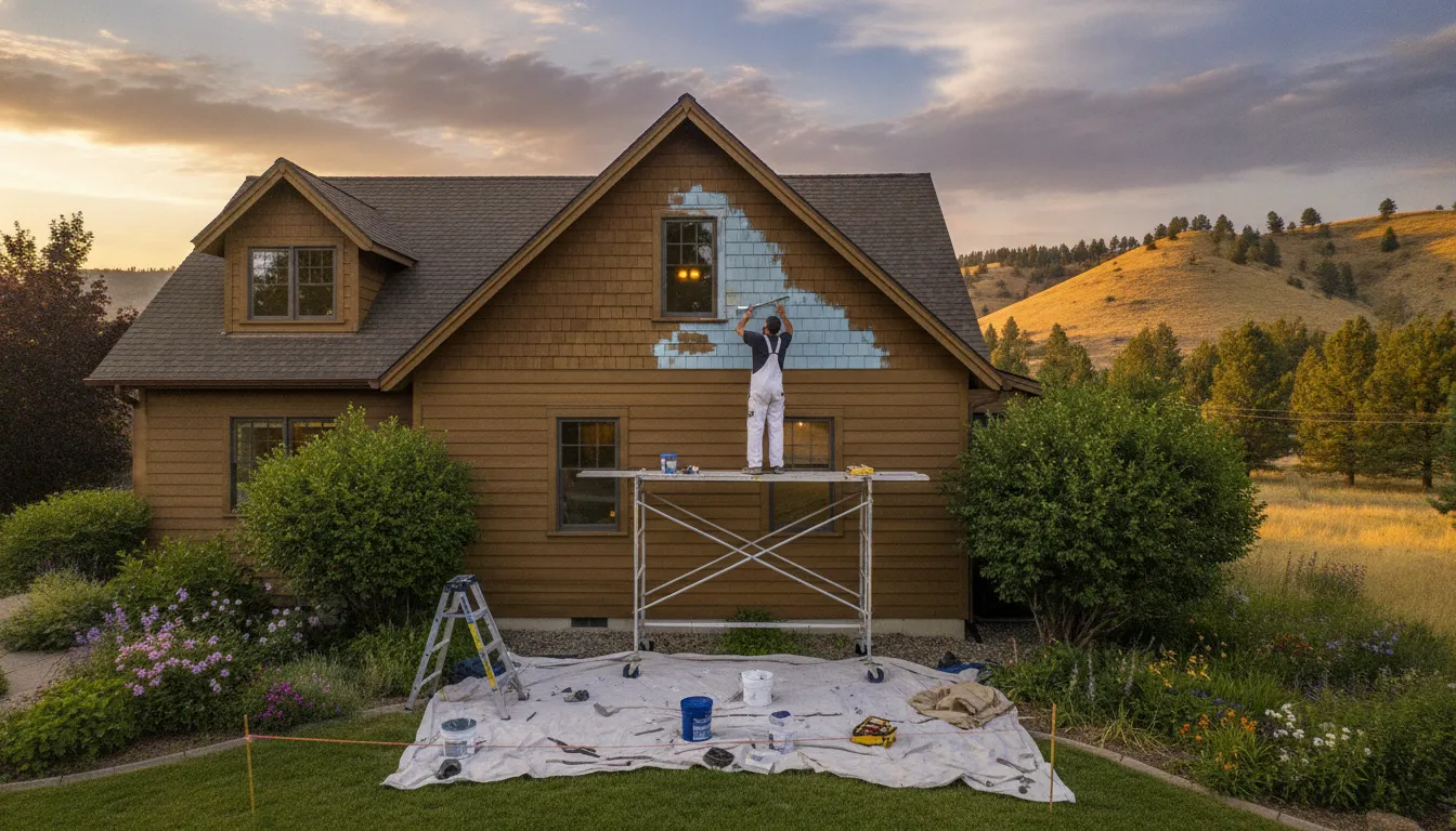 Professional painter scraping peeling exterior paint from Boise home siding