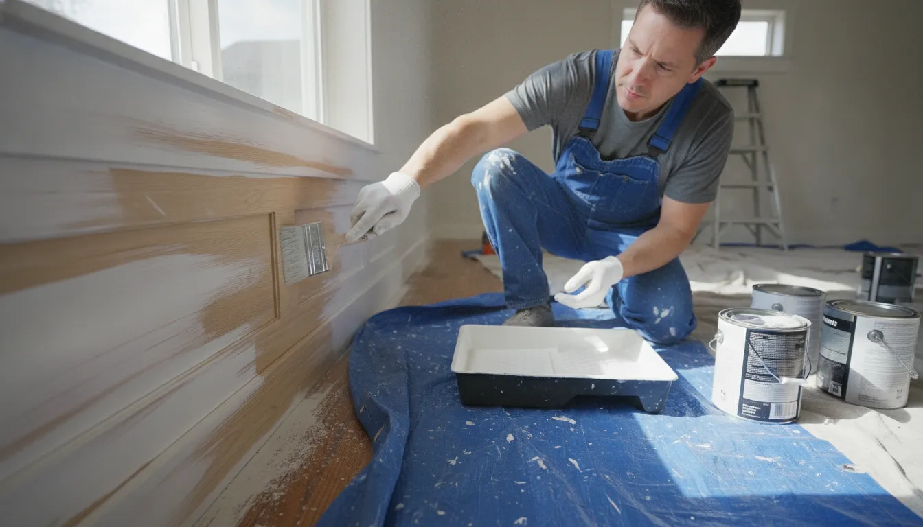 Painter applying primer and paint carefully to wood paneling grooves and flat boards