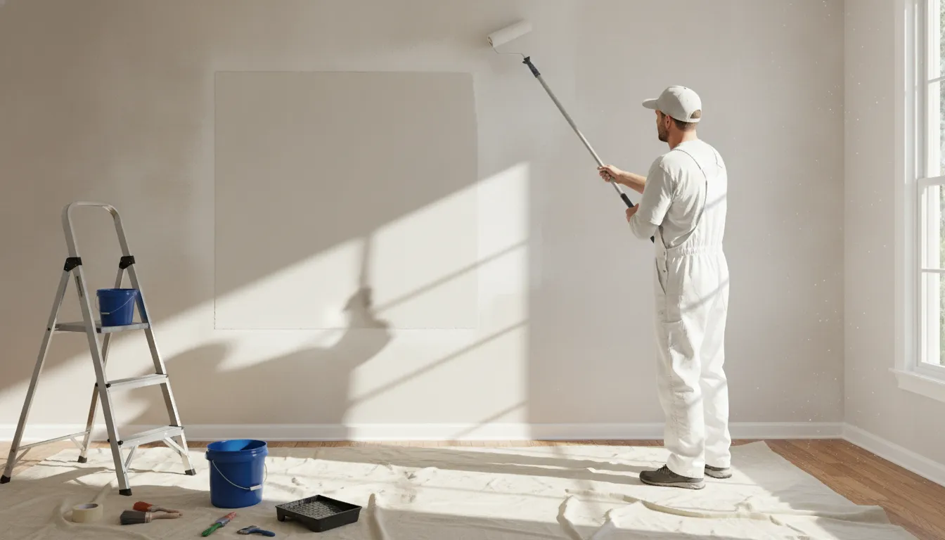Painter priming a freshly repaired drywall wall with a roller in a bright room