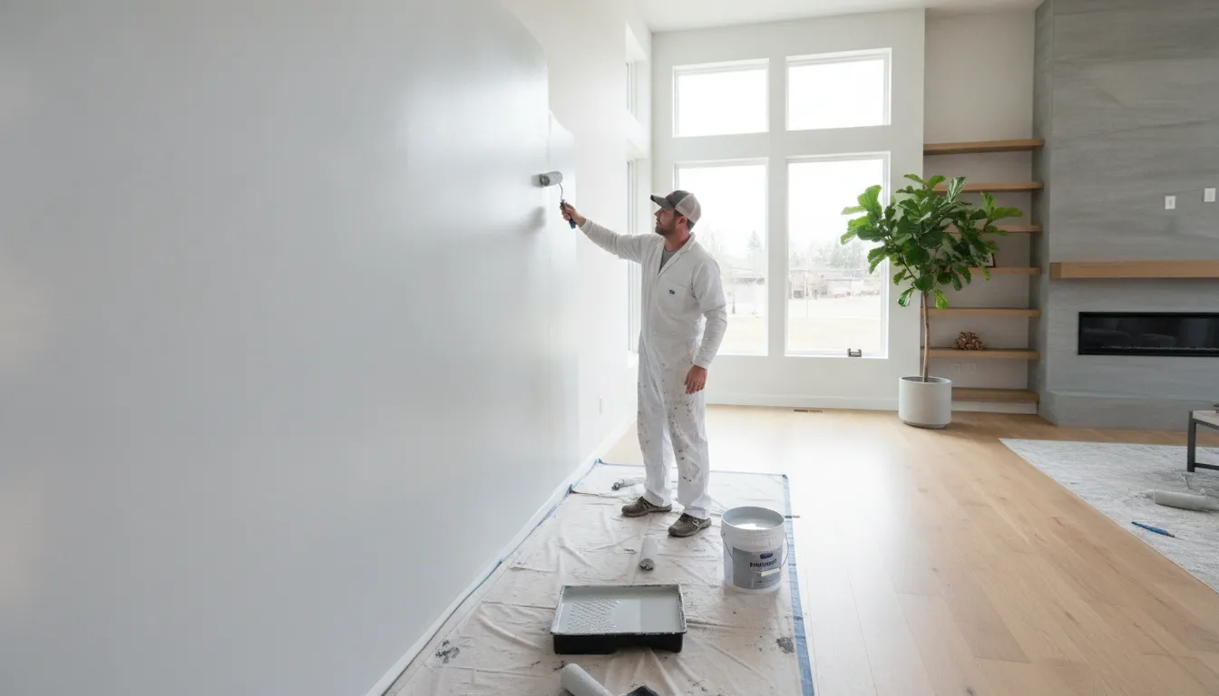 Professional painter applying a second interior paint coat before the recoat window closes