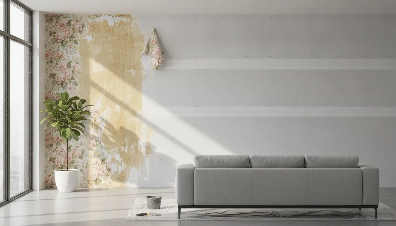 Living room wall showing wallpaper partially removed with bare drywall ready for painting