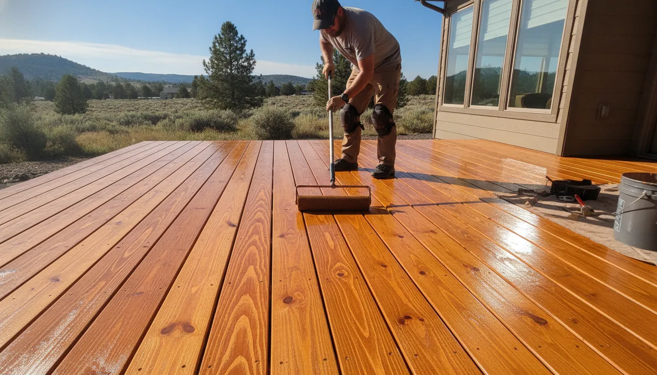 Professional painter applying stain to a wooden deck surface in Boise Idaho