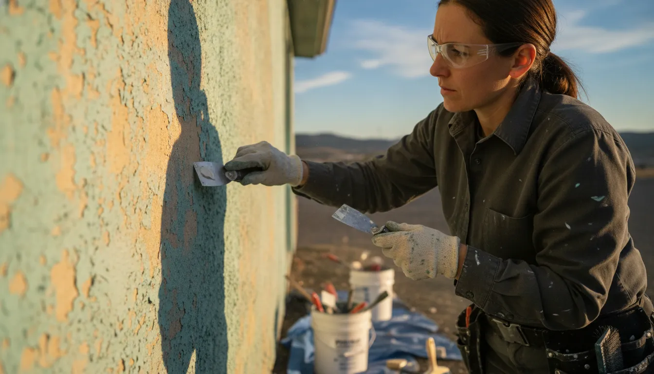 Commercial painter inspecting exterior surface wear before repainting