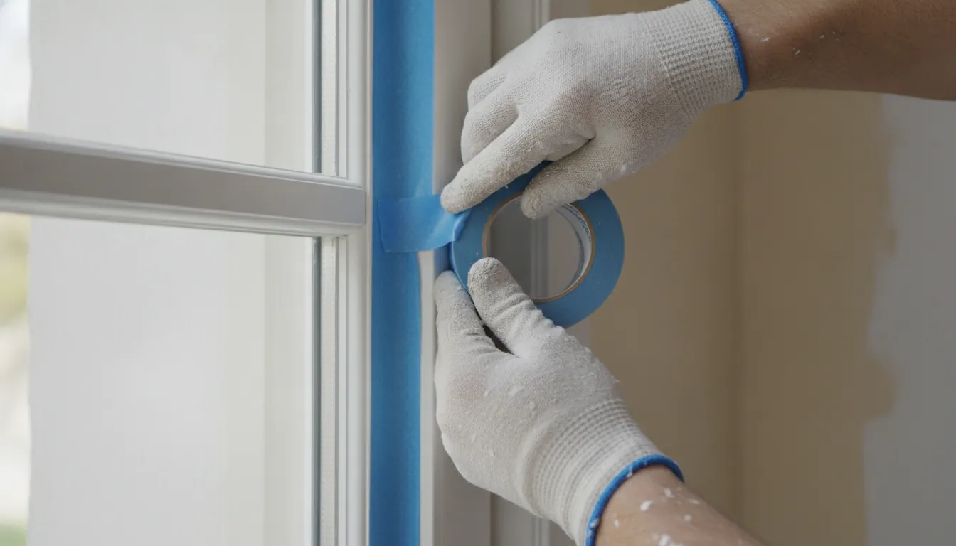 Applying blue painter's tape to window trim for clean paint lines