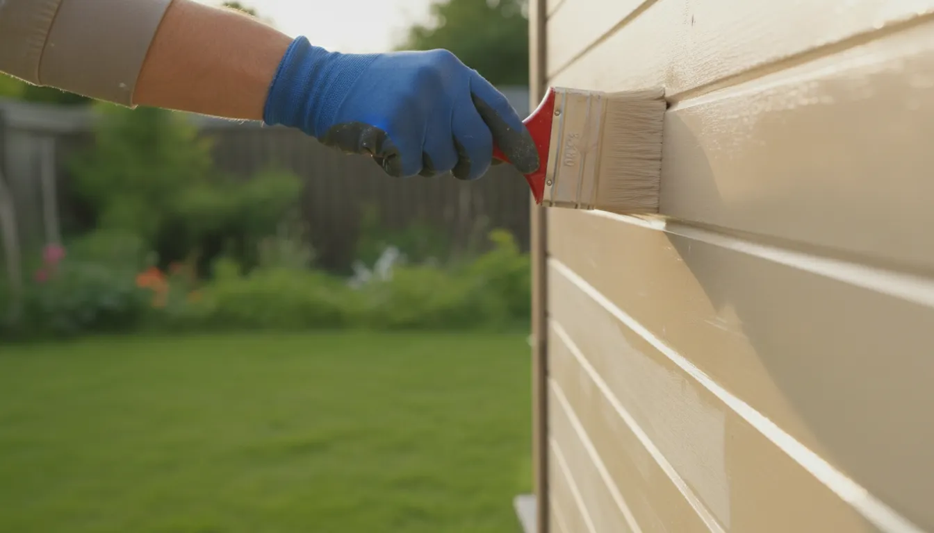 Exterior acrylic-latex paint being applied to a backyard wood shed