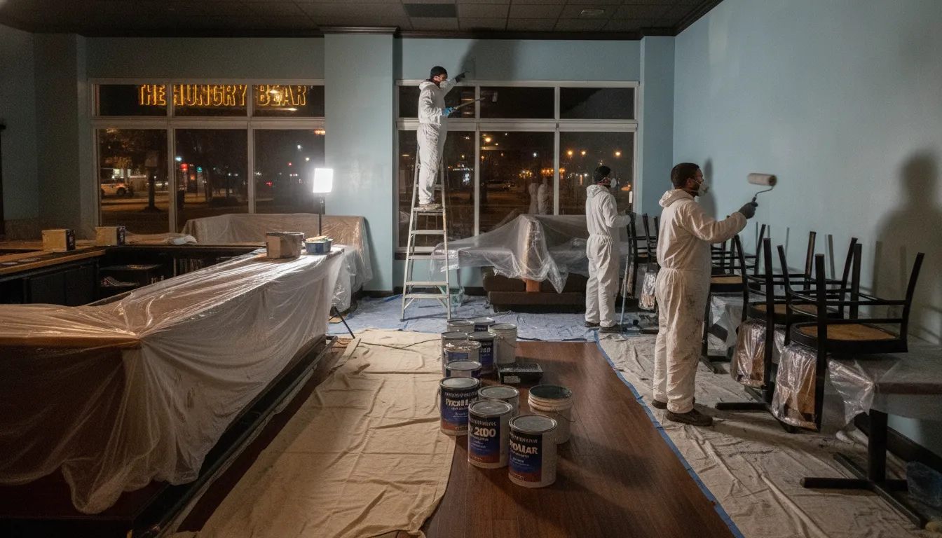 A professional commercial painting crew applying durable, low-odor coatings to a restaurant dining room in Boise after hours