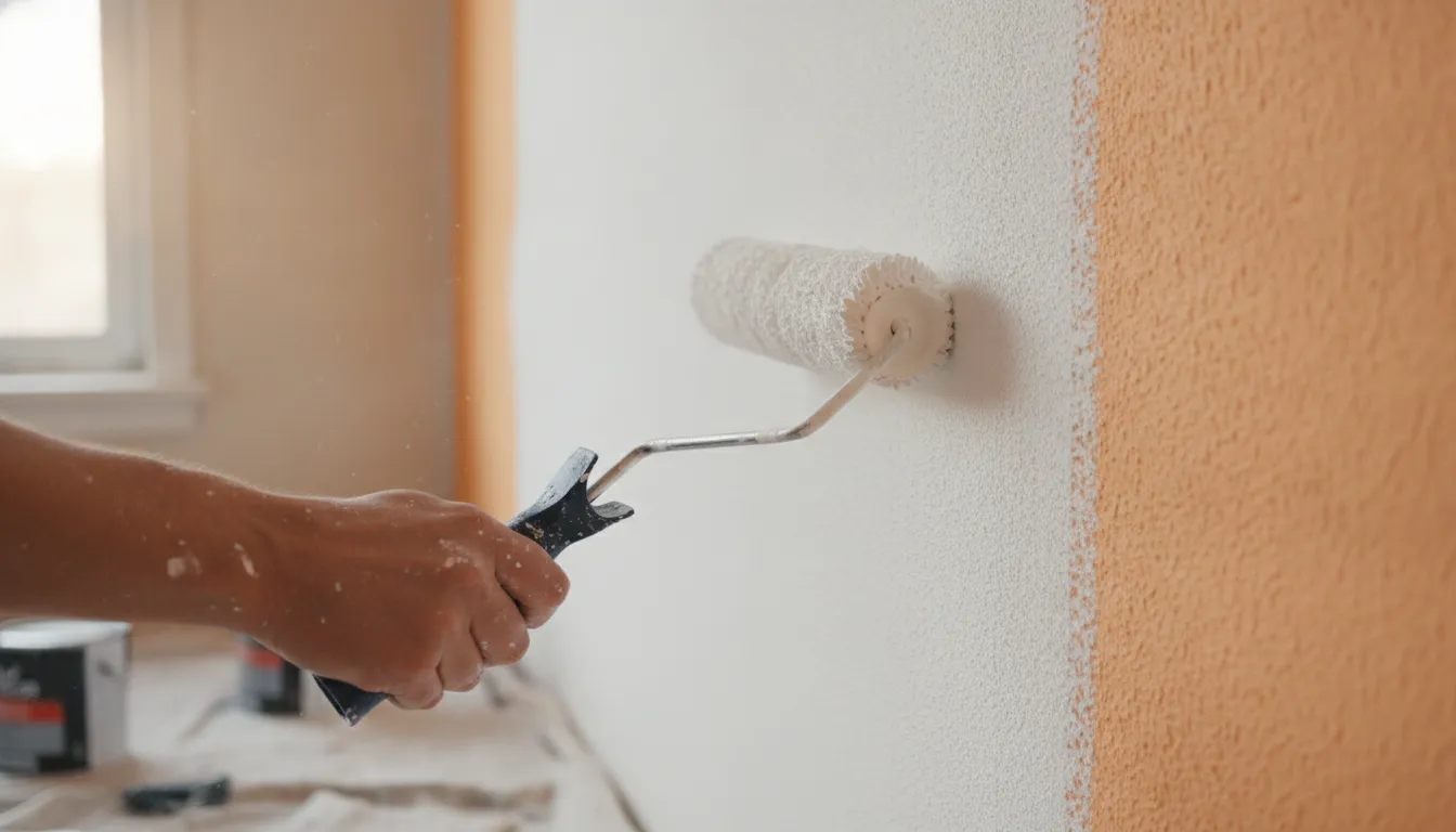 Painter rolling paint onto an orange-peel textured interior wall with a thick-nap roller