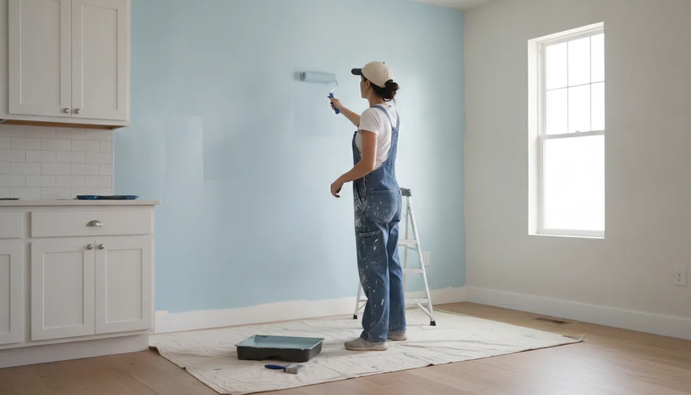 Painter rolling scrubbable satin paint onto a kitchen wall beside white cabinets, part of a kitchen wall painting Boise job