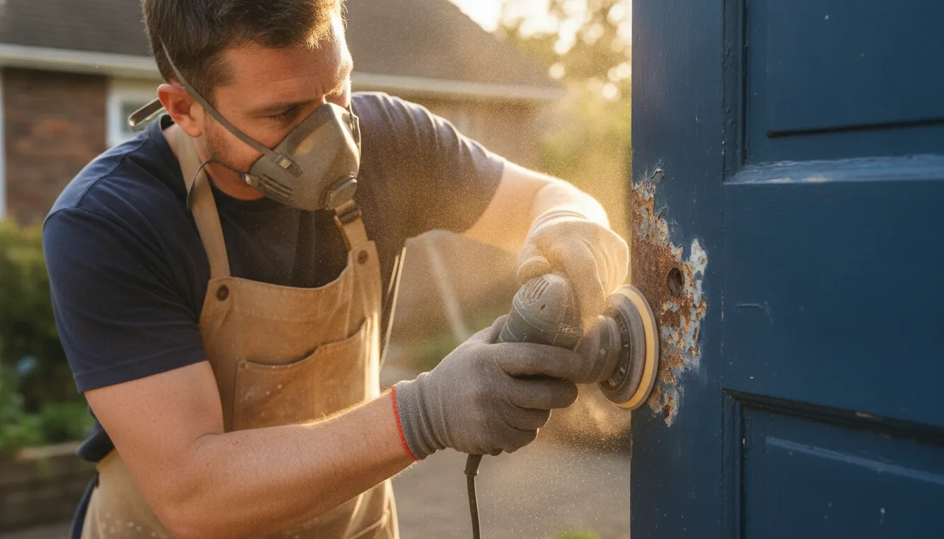 Painter sanding rust from a steel door before priming, Boise home exterior