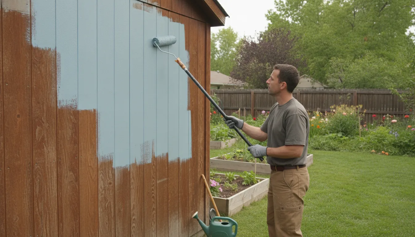 Painter using a roller to apply exterior paint to a shed wall