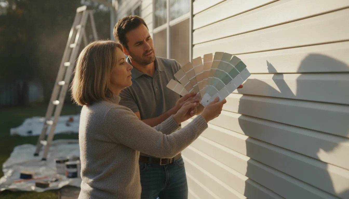 Exterior paint color swatches held against vinyl siding