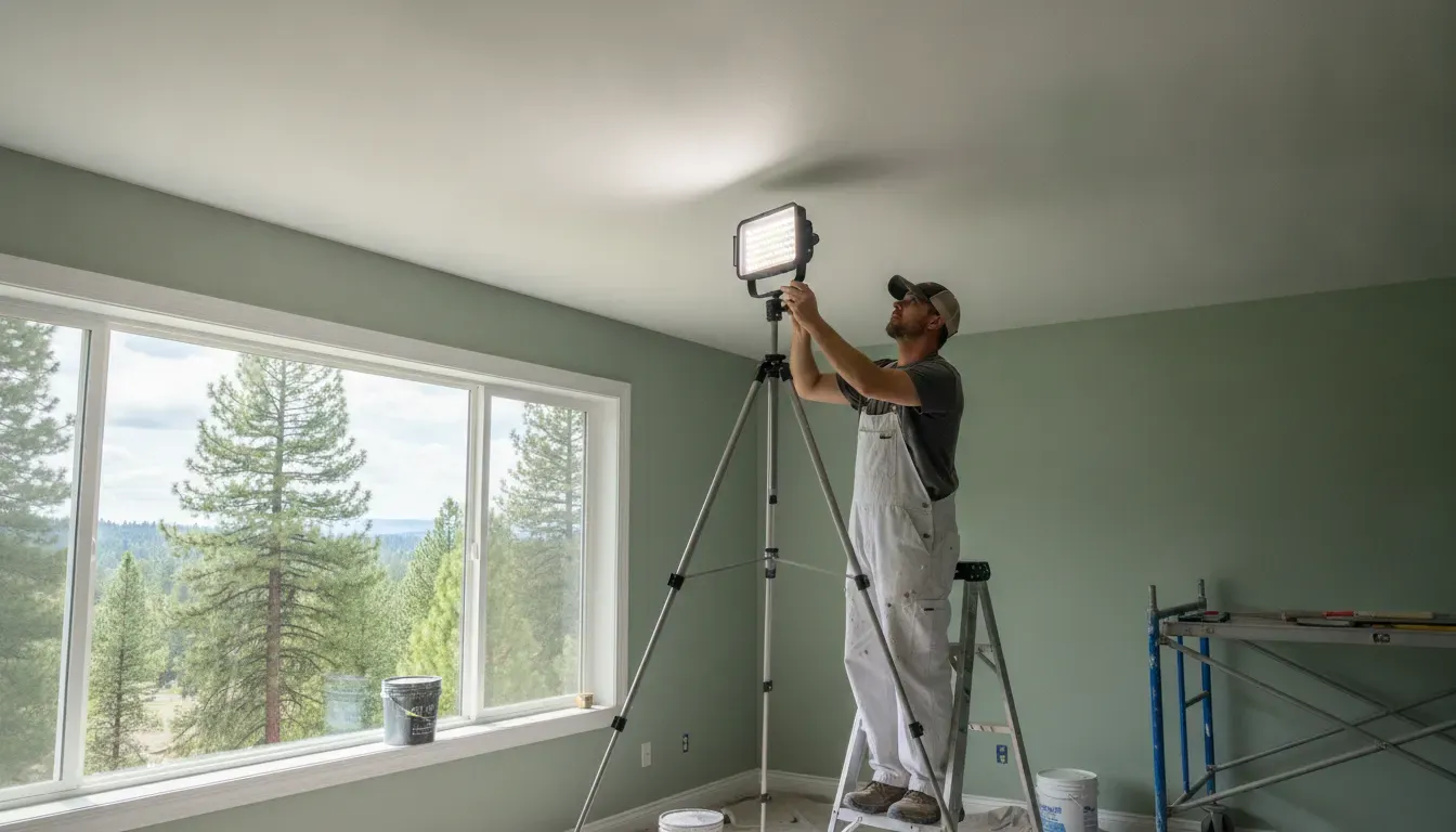 Professional checking a repaired smooth ceiling before painting