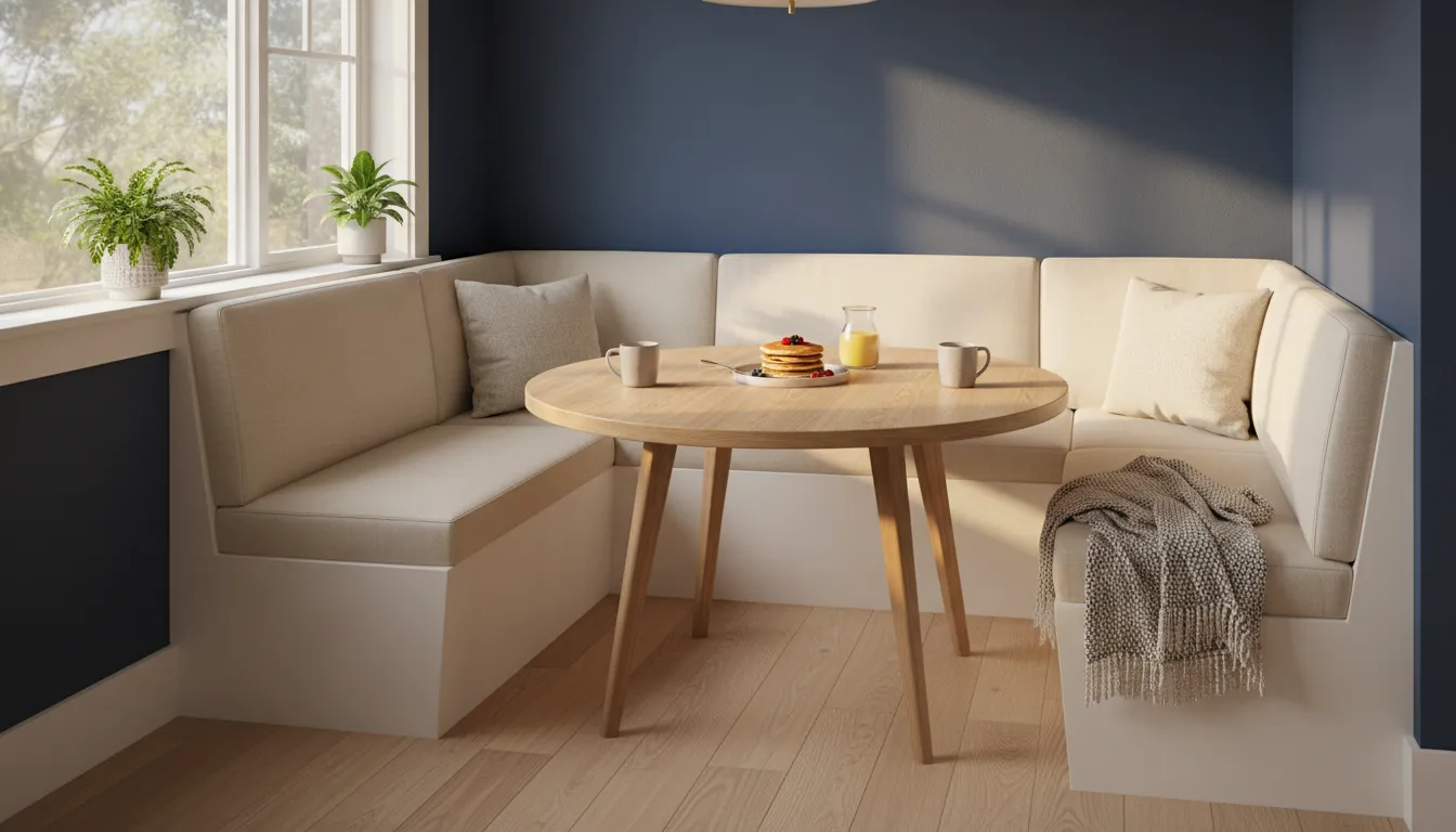 Deep navy accent wall behind a banquette in a Boise breakfast nook, a popular kitchen wall painting Boise idea