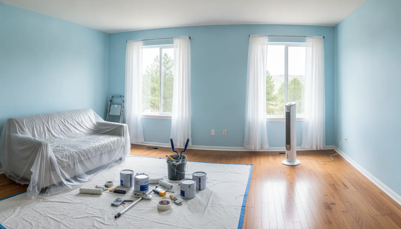 Open windows and fan ventilating a freshly painted Boise living room