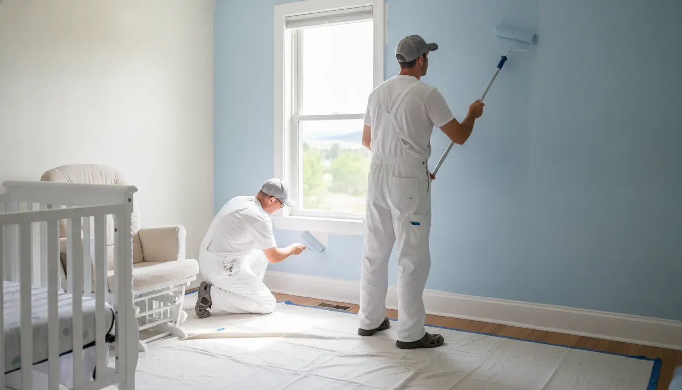 Professional painters applying low-odor interior paint in a bright Boise nursery