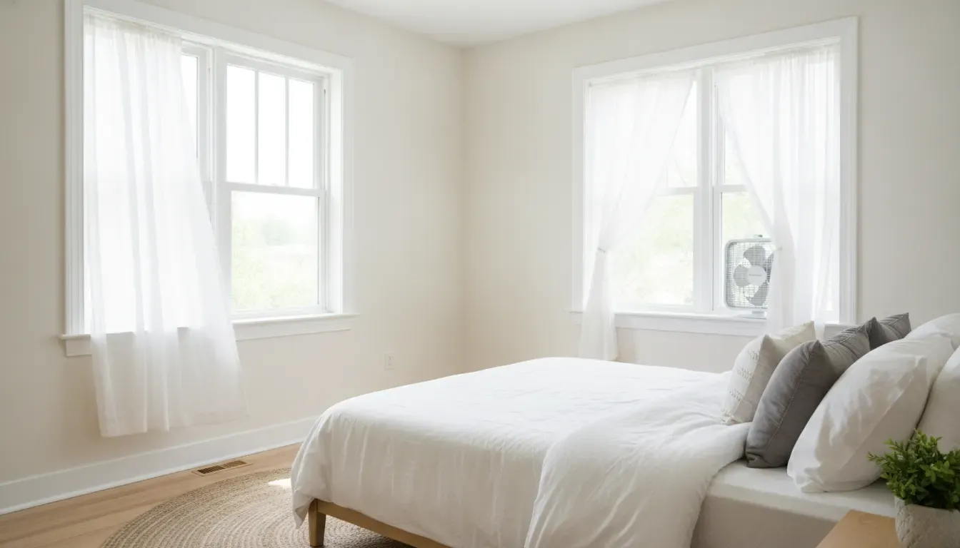 Cross-ventilation in a Boise bedroom with two windows and a fan exhausting fresh paint odor