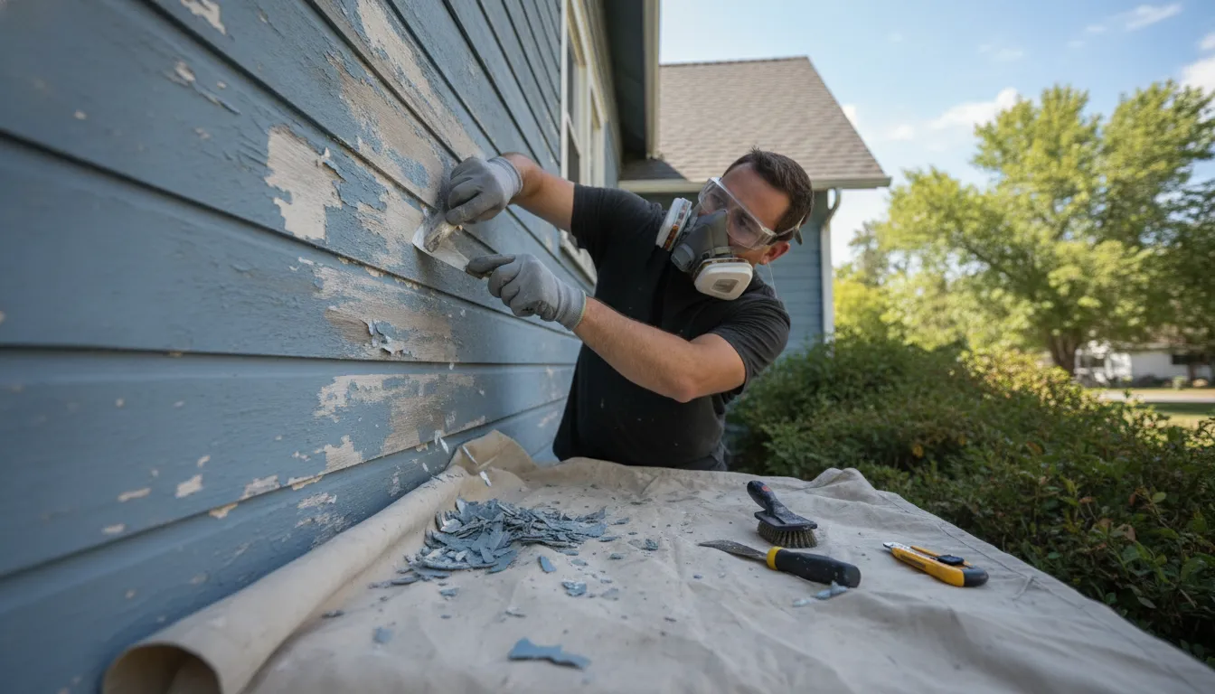 Painter scraping peeling exterior paint from wood siding before repair