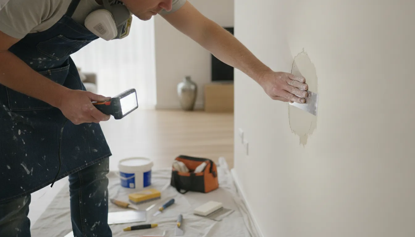 Painter inspecting and repairing a plaster wall before painting