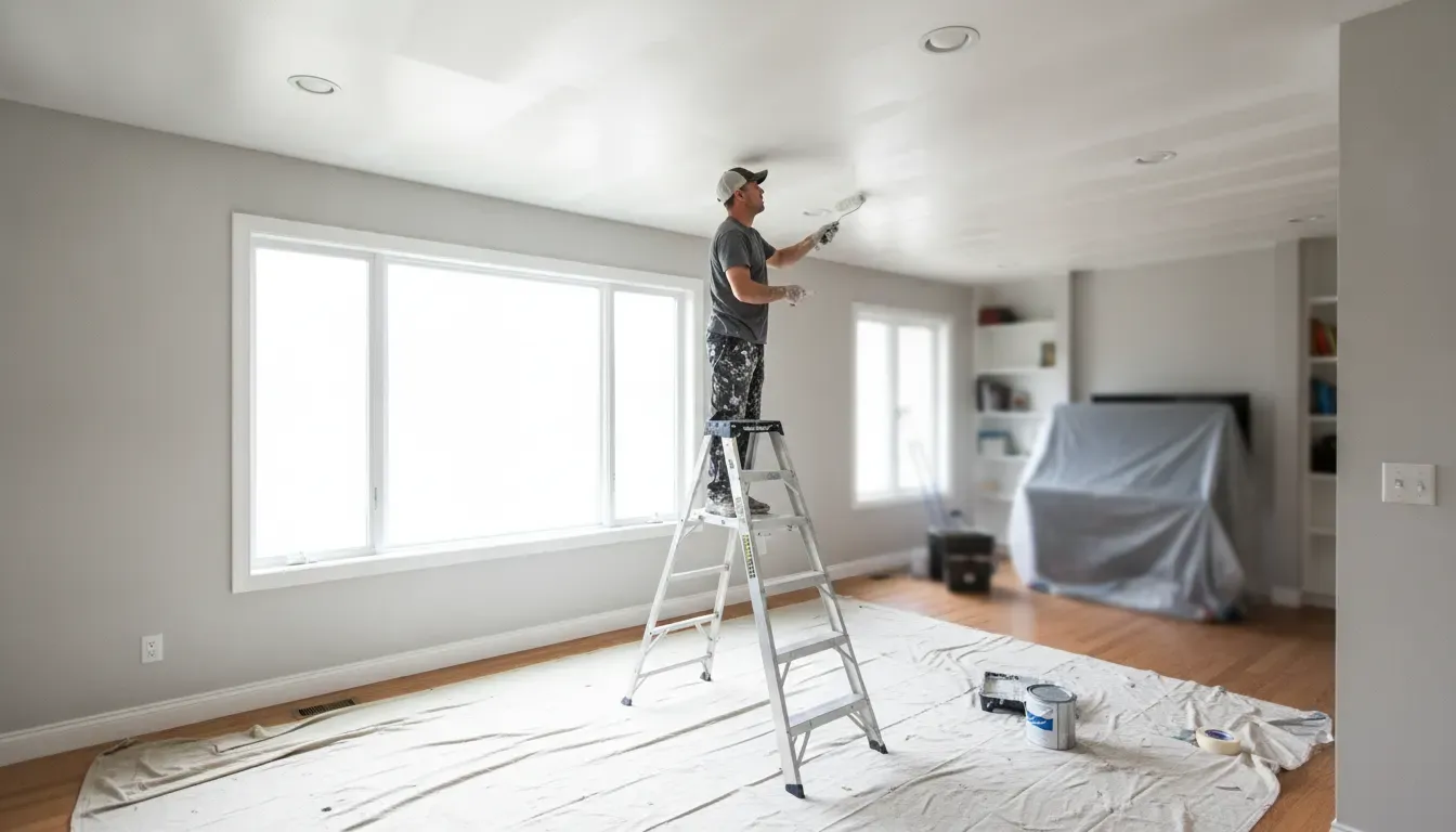 Freshly primed smooth ceiling being painted in a Boise home