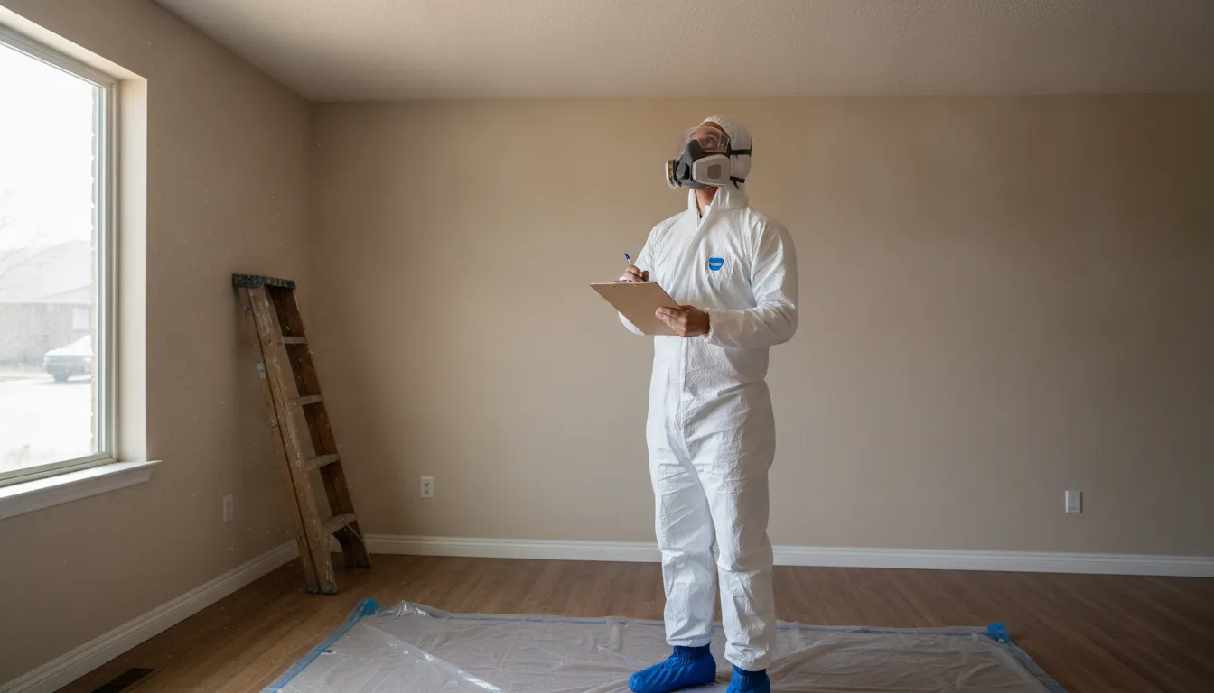 Qualified professional visually assessing a textured ceiling before renovation