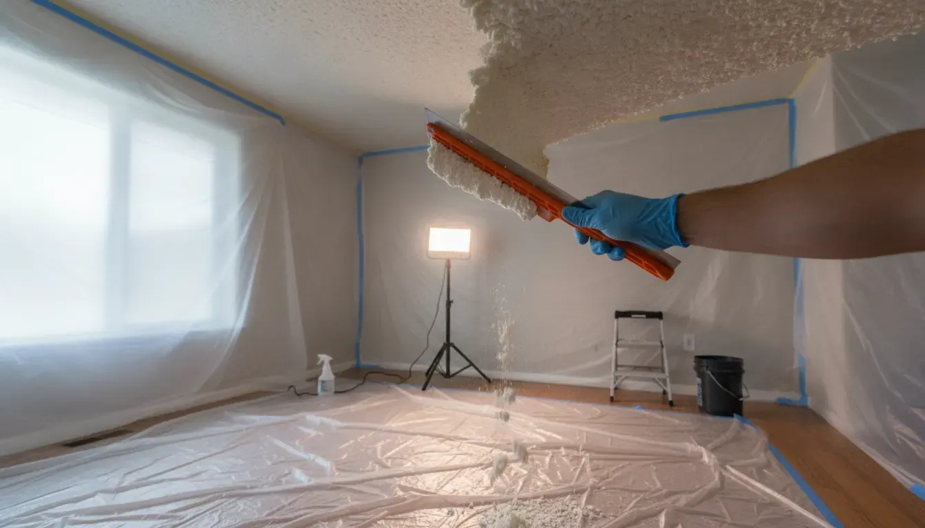 Homeowner using a scraper on lightly misted popcorn ceiling texture