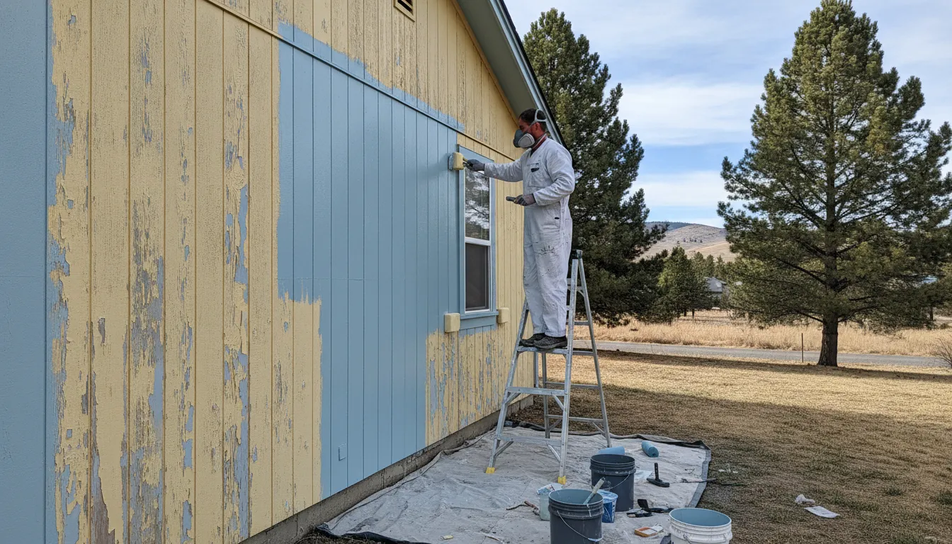 Professional painter applying a fresh exterior finish after peeling paint repair
