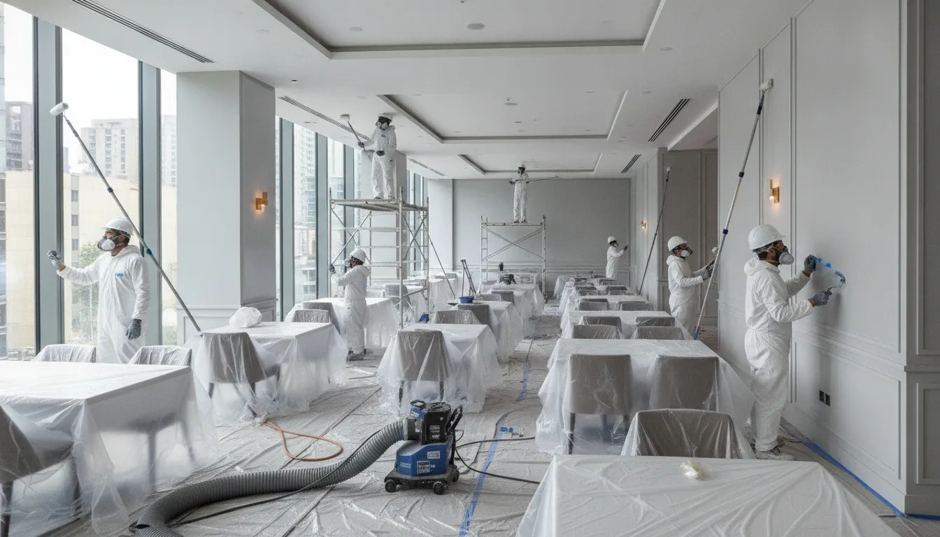 Commercial painters refreshing a restaurant dining room during off-hours
