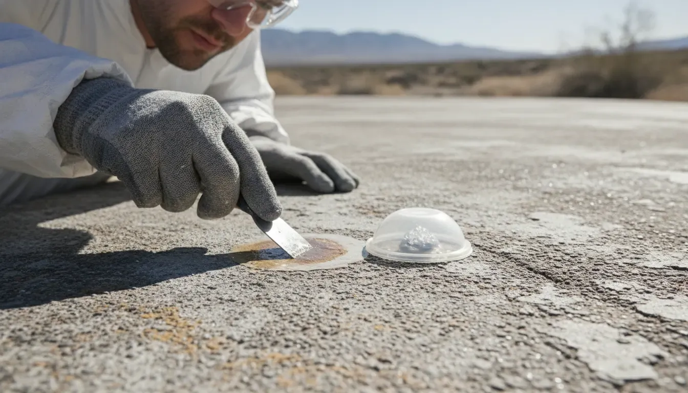 Painter testing a small patch before using paint stripper for concrete
