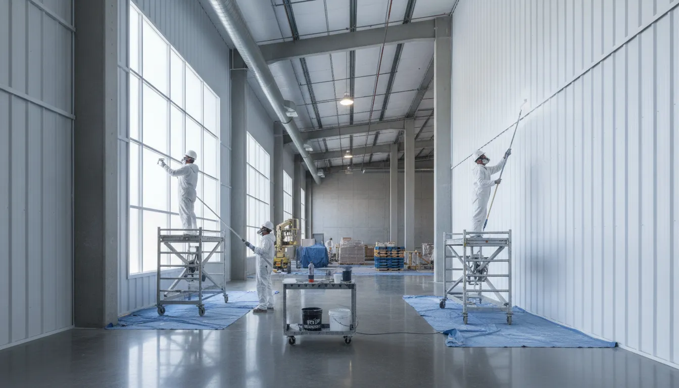 Commercial crew applying a concrete floor coating in a Boise warehouse