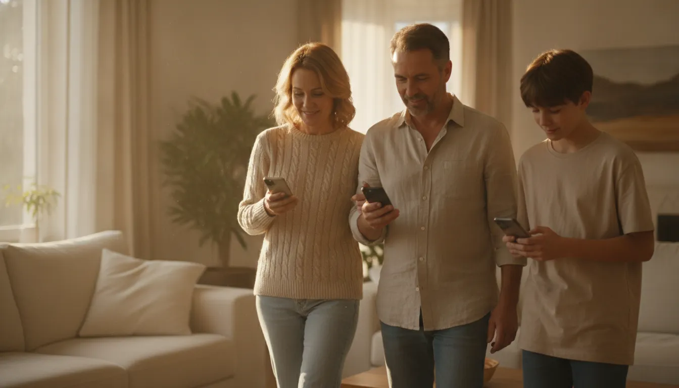 A family with relaxed expressions using phones together in a bright home, sharing location awareness with confidence