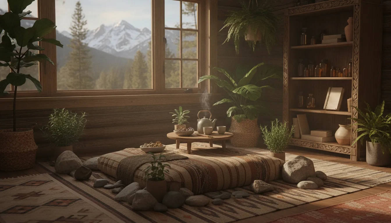 A calm, grounded natural medicine healing space in the Colorado mountains with soft morning light and earth tones