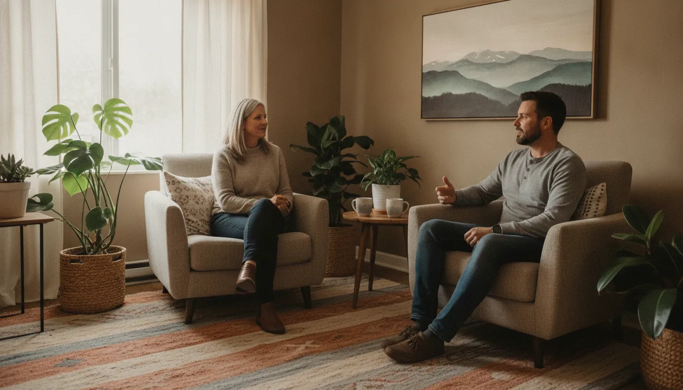 A calm, warm therapy room in Colorado with soft natural light, a licensed therapist speaking gently with an adult patient, earth tones and plants, serene healing atmosphere