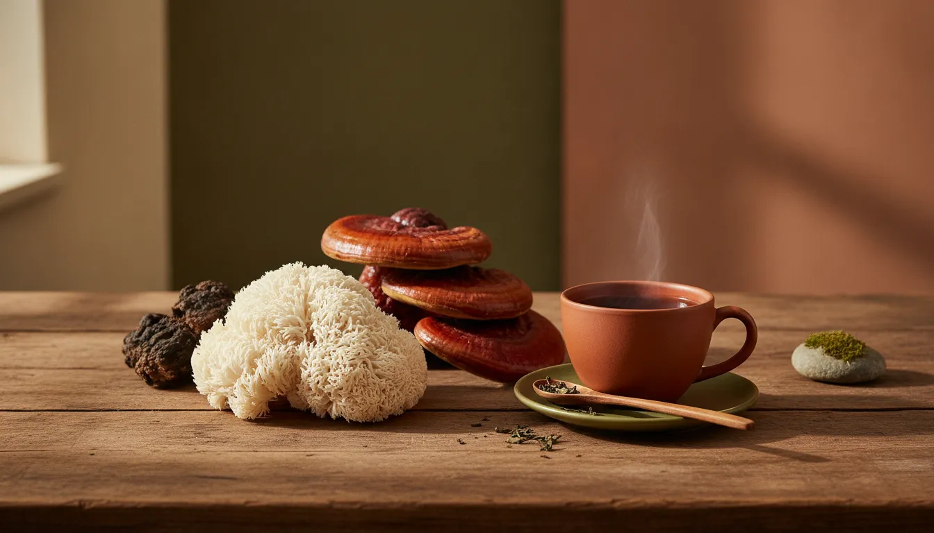 Warm earthy arrangement of fresh functional mushrooms beside a ceramic cup of mushroom tea